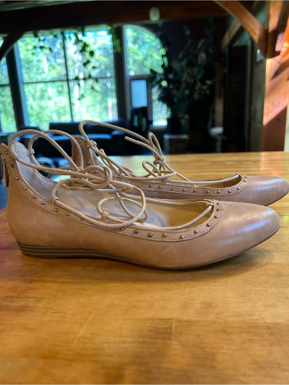 Jessica Simpson Women’s Lace-Up Studded Ballet Flats in Taupe NWOT